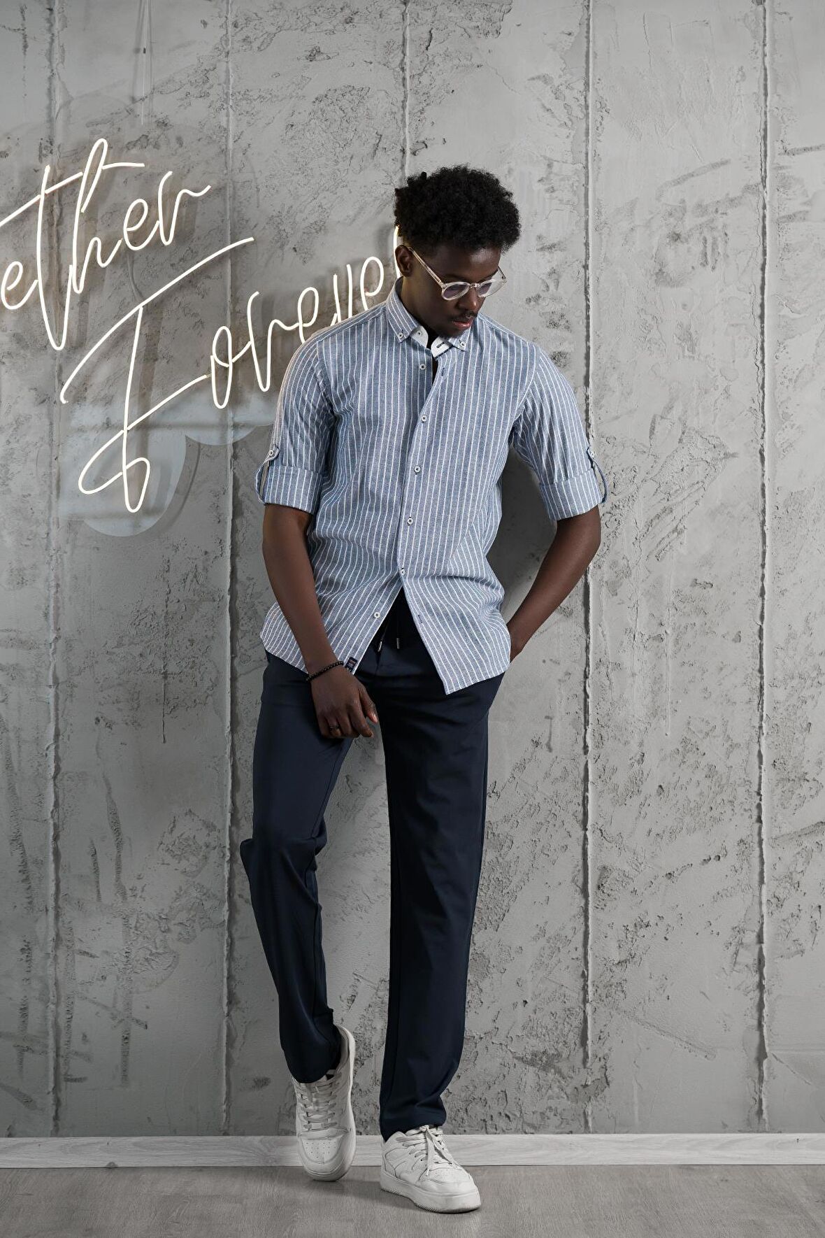 Advante Çizgili Yaka Düğmeli Katlamalı Kol Pamuklu Slimfit Yazlık Keten Gömlek