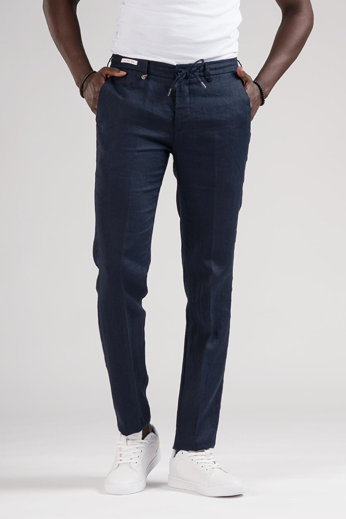 Ecer Slimfit Beli Lastikli ve İplikli %100 Linen Ham Keten Jogger Pantolon
