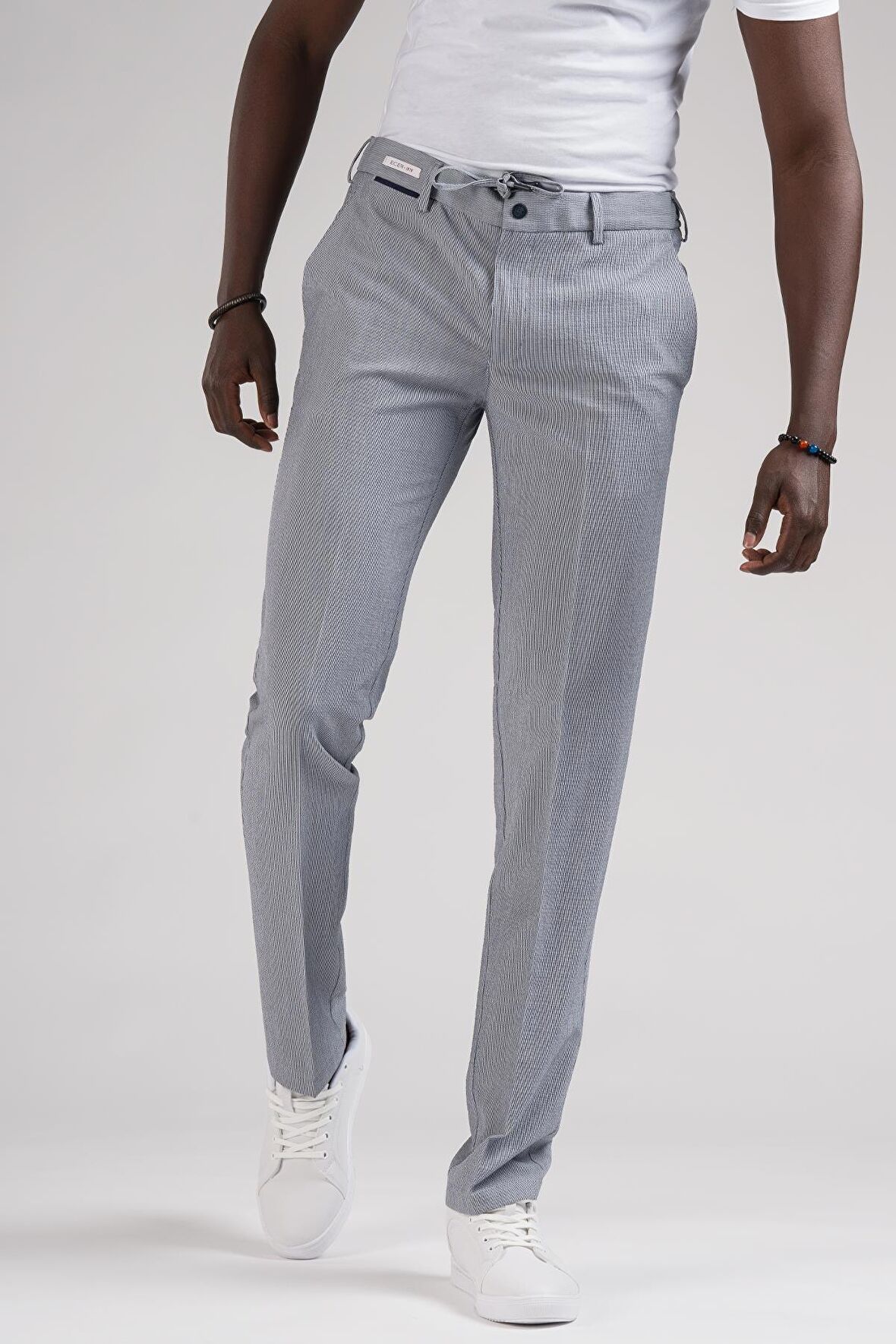 Ecer Slimfit Beli Yarım Lastikli Ve İplikli İnce Çizgili Yazlık Jogger Pantolon