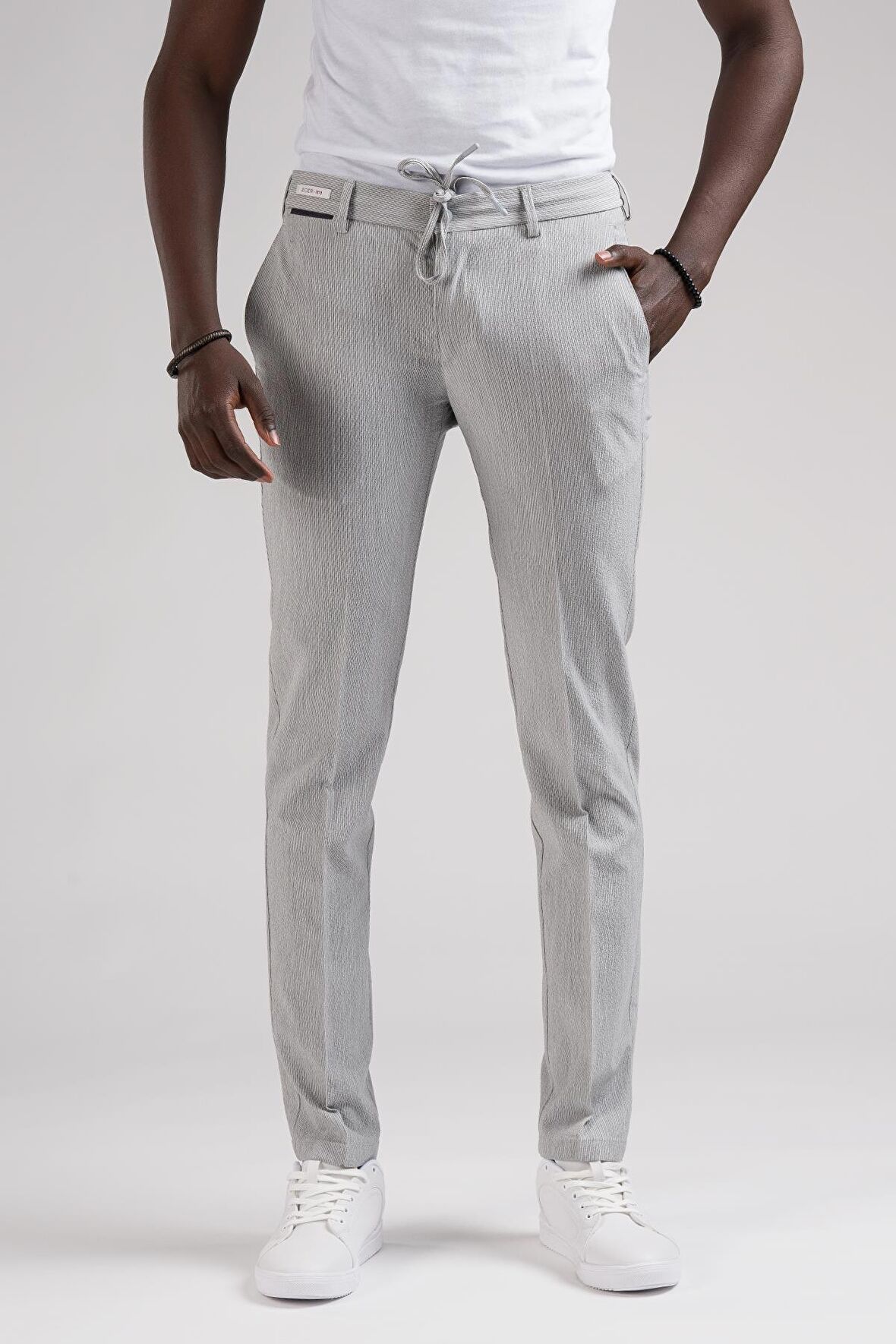 Ecer Slimfit Beli Yarım Lastikli Ve İplikli İnce Çizgili Yazlık Jogger Pantolon