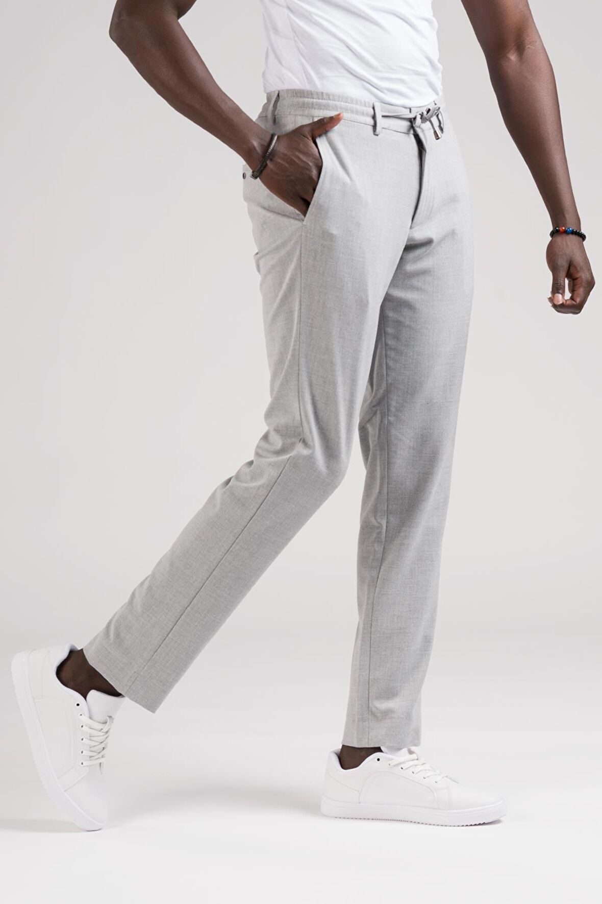 Slimfit Beli Lastikli Ve İplikli Jogger Düz Kumaş Pantolon