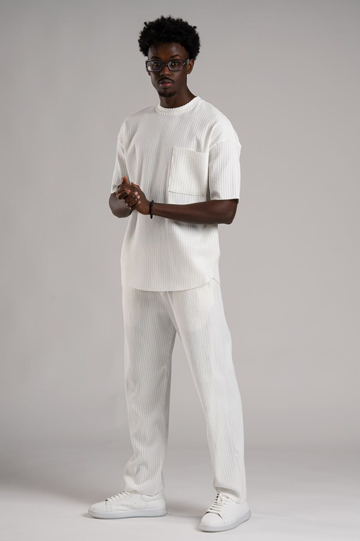 Kendinden Çizgili Oversize(Bol Kesim) Pantolonlu Alt Üst T-shirt Takım