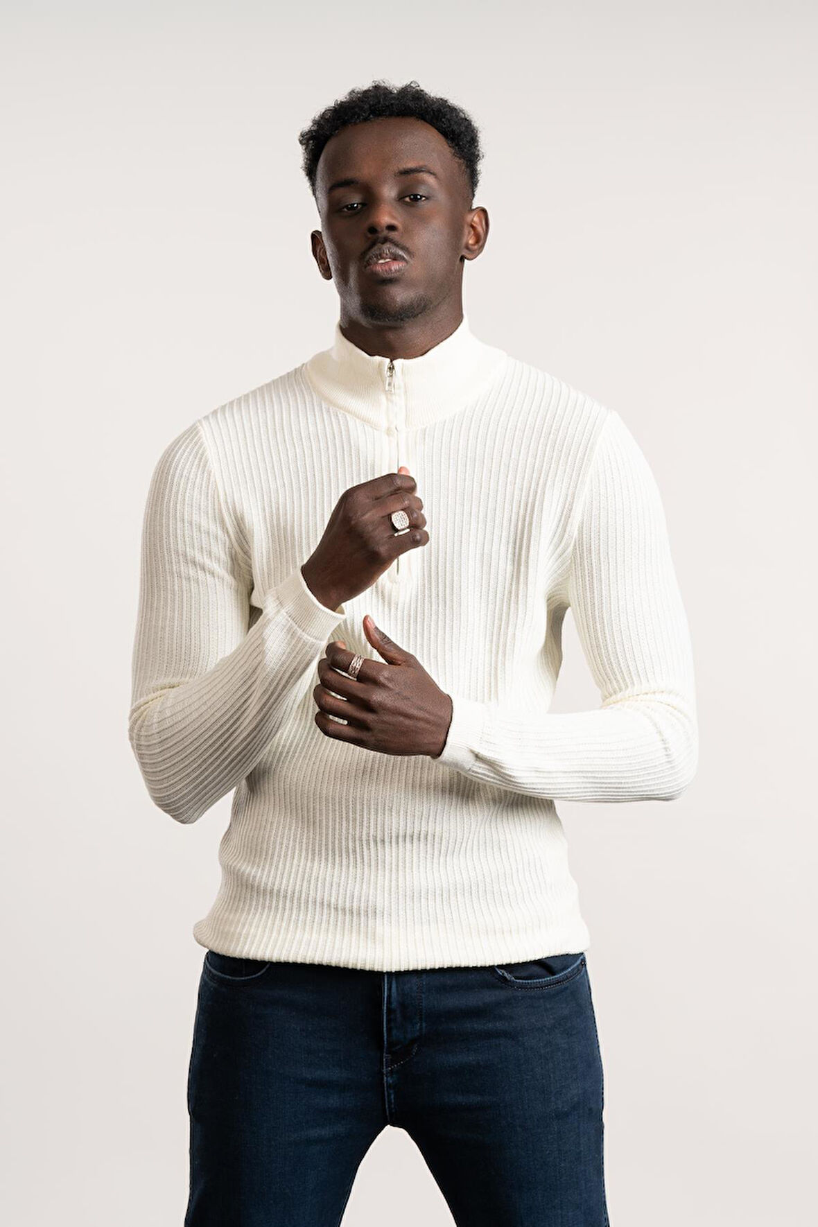 FBI Fermuarlı Balıkçı Kendinden Çizgili Örgülü Likralı Slimfit Triko Kazak 