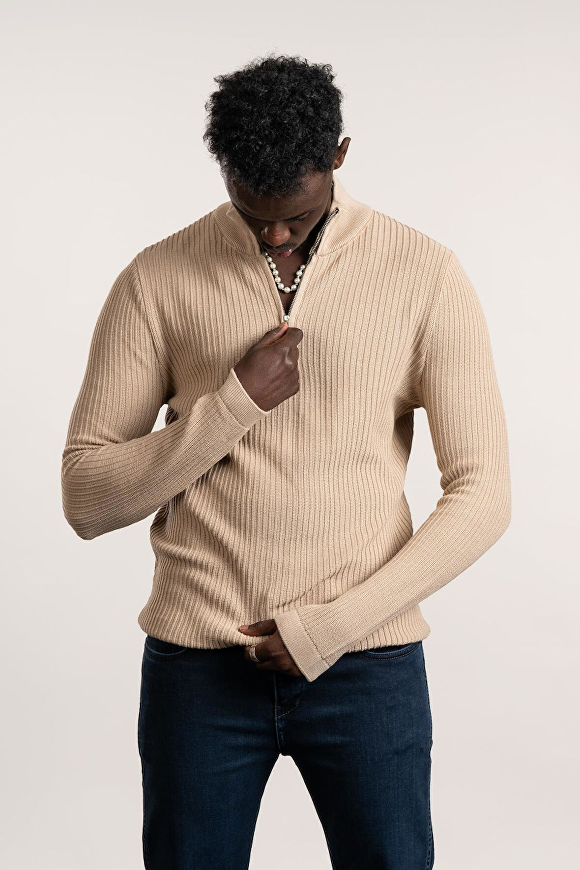 FBI Fermuarlı Balıkçı Kendinden Çizgili Örgülü Likralı Slimfit Triko Kazak 