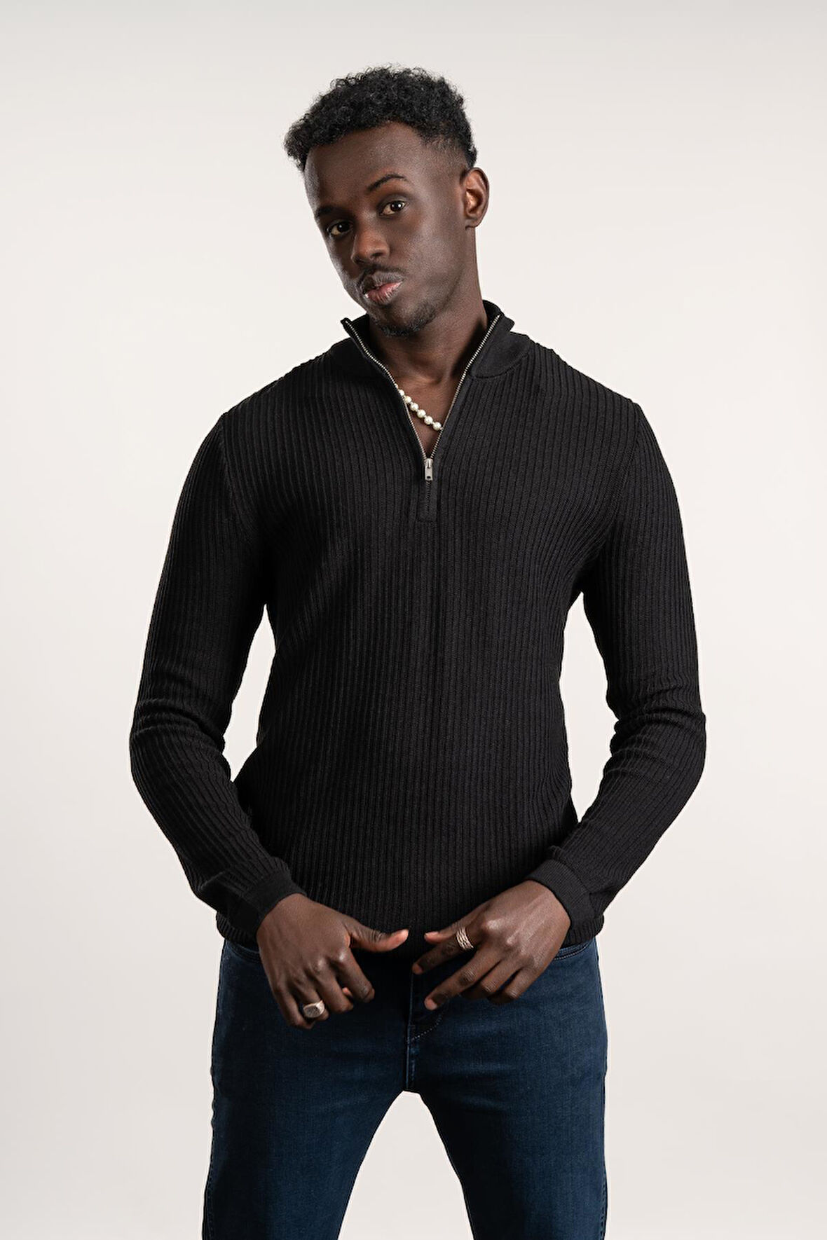 FBI Fermuarlı Balıkçı Kendinden Çizgili Örgülü Likralı Slimfit Triko Kazak 