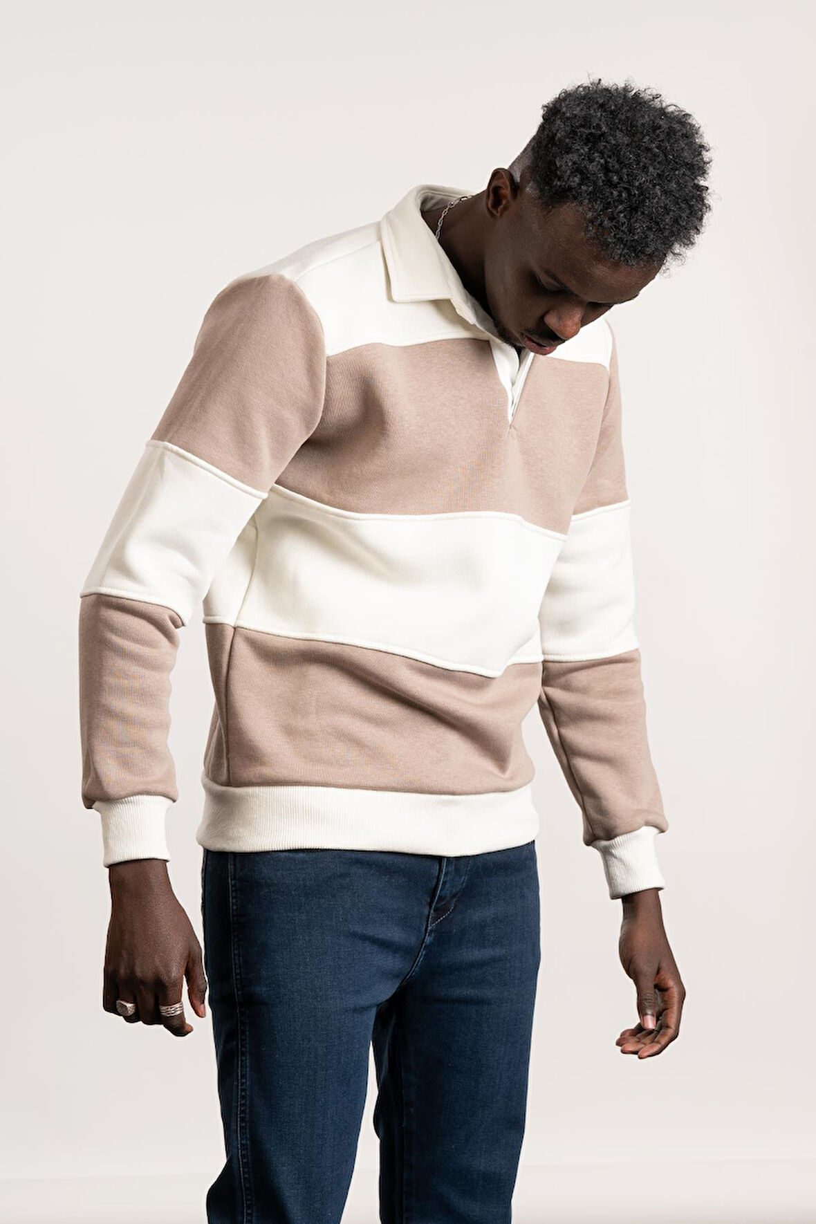 FBI Polo Yaka Kalın Çizgili 3 İplik İçi Şardonlu Slimfit Sweatshirt