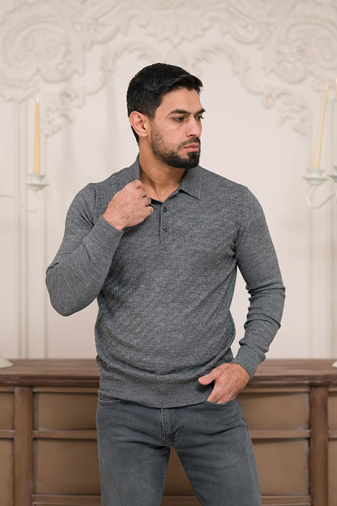 Woolen World Polo Yaka Slimfit Desenli Yünlü Erkek Triko Kazak  