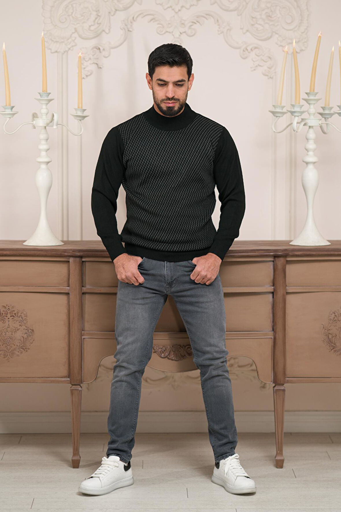 Woolen World Balıkçı Yaka Desenli Yünlü Erkek Triko Kazak  