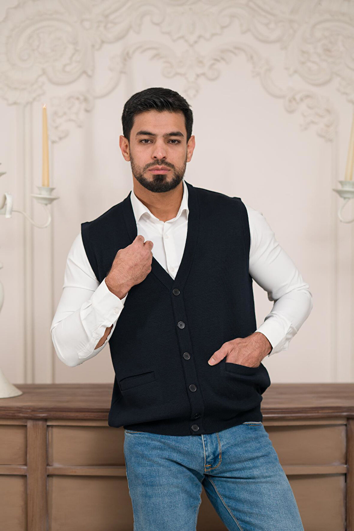 Woolen World Regular Fit Ön Cepli Kolsuz Erkek Triko Yelek