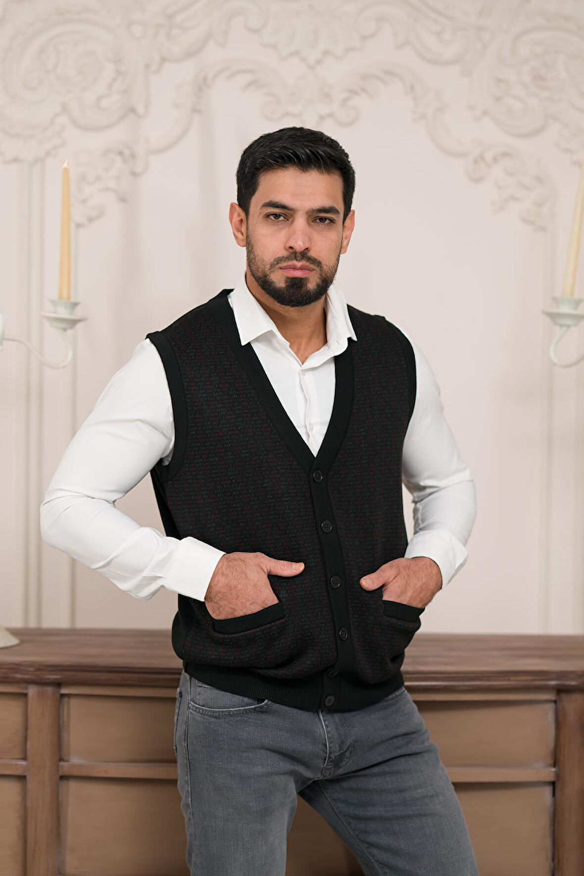 Woolen World Regular Fit Ön Cepli Desenli Kolsuz Erkek Triko Yelek