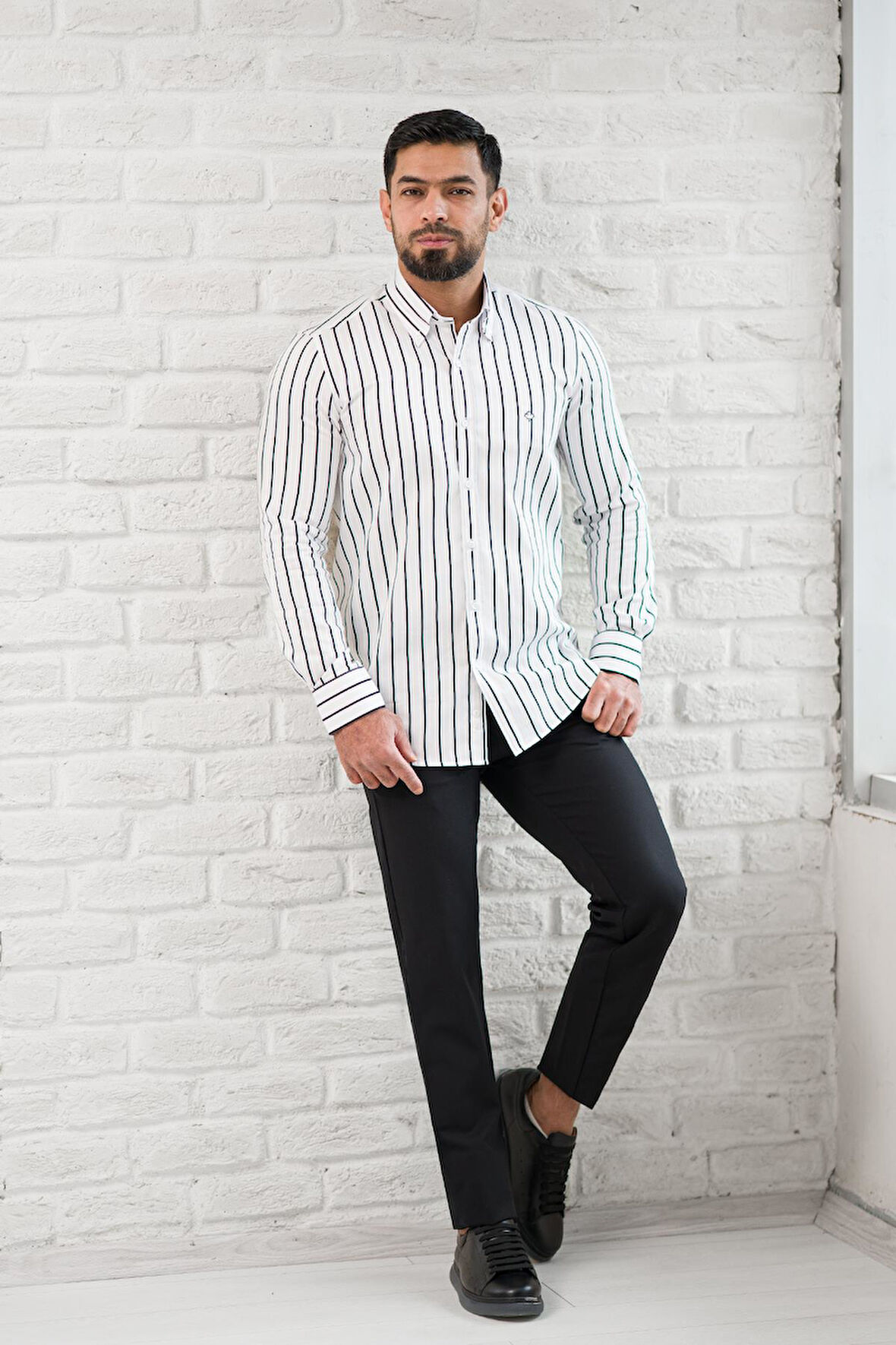 Paul Martin İnce Çizgili Yaka Düğmeli Cepsiz Regular Fit Gömlek