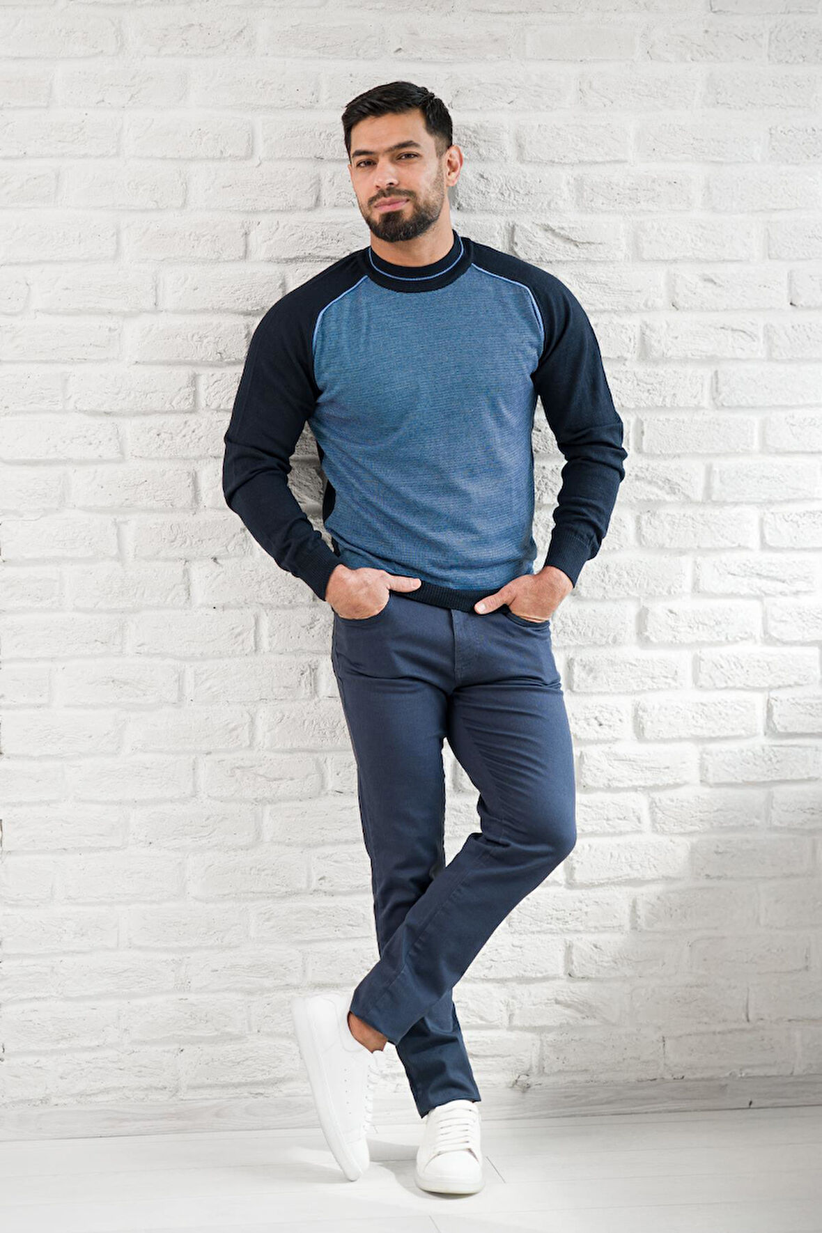 San&Fa Yarım Balıkçı Desenli Slimfit Yünlü Triko Kazak