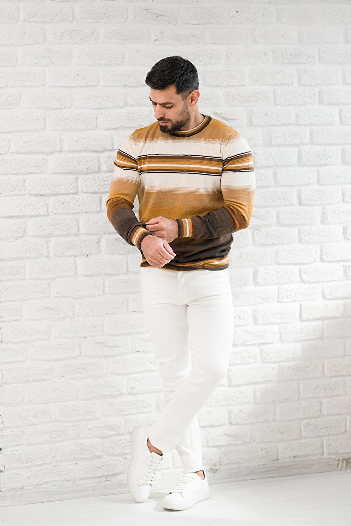 San&Fa Bisiklet Yaka Çizgili Slimfit Yünlü Triko Kazak