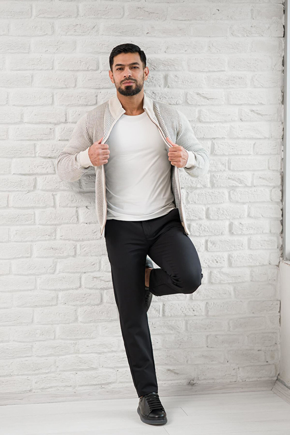 San&Fa Dik Yaka Çizgili Fermuarlı Regular Fit Yünlü Triko Hırka