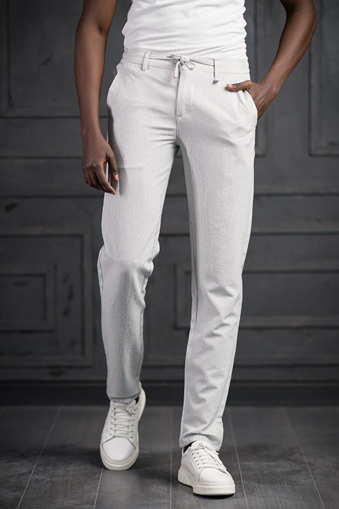 Slimfit Beli Lastikli Ve İplikli Likralı Çizgili Jogger Pantolon 