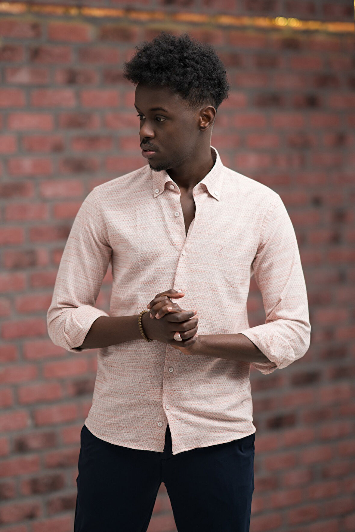 Slimfit Hasır Dokuma Yaka Düğmeli Slimfit Gömlek