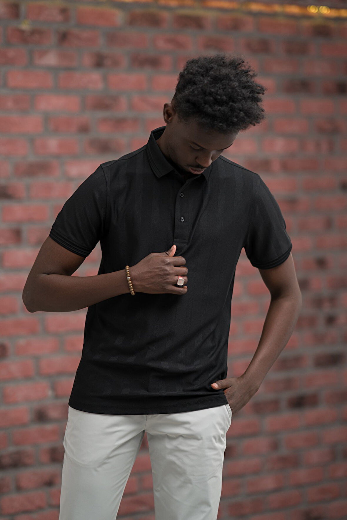 Regular Fit Likralı Kendinden Çizgili Polo Yaka T-Shirt