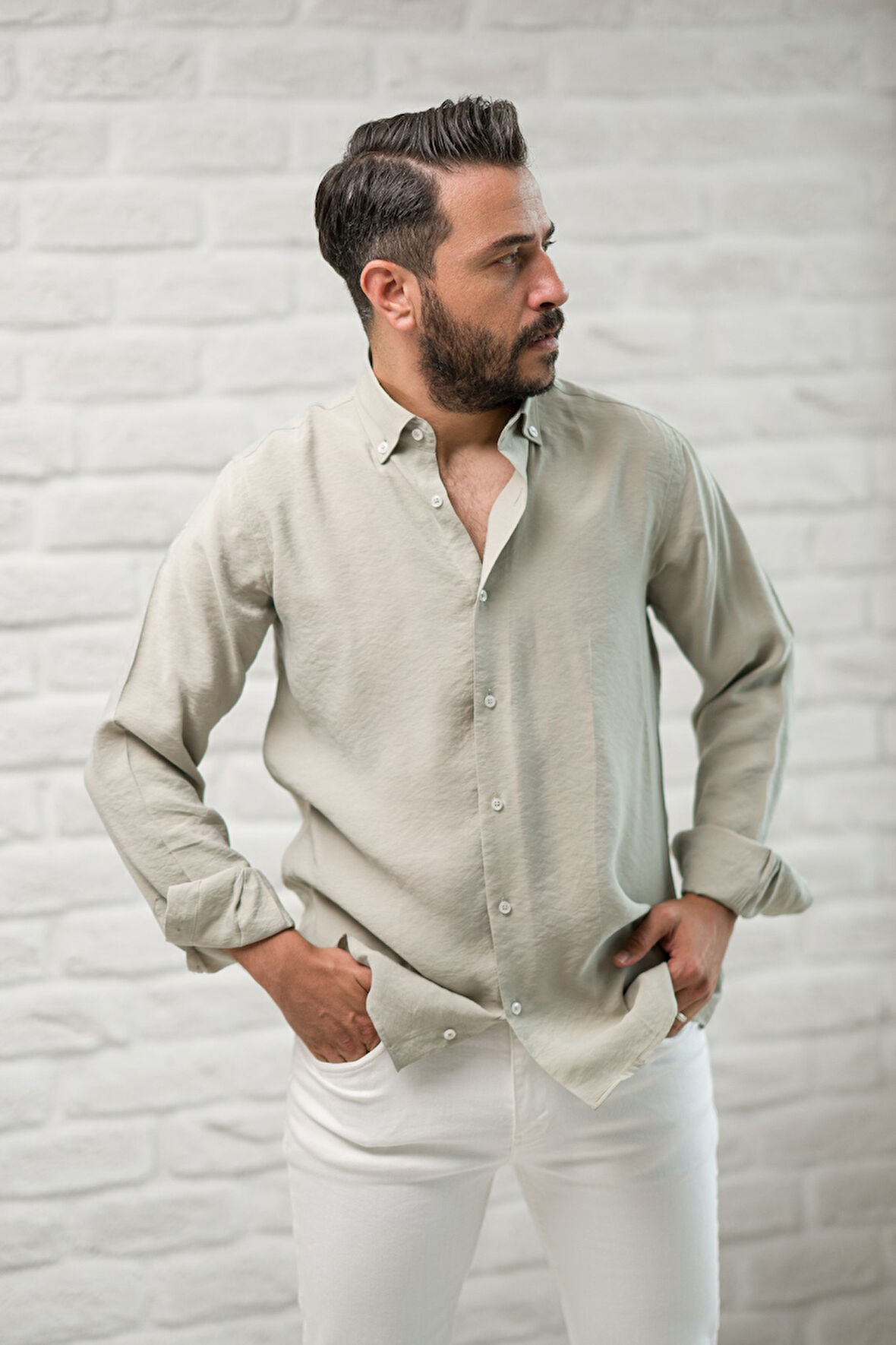 Regular Fit Yaka Düğmeli Yazlık Modal Kumaş Erkek Gömlek