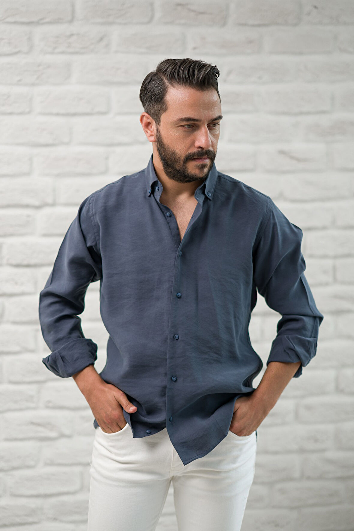 Regular Fit Yaka Düğmeli Yazlık Modal Kumaş Erkek Gömlek