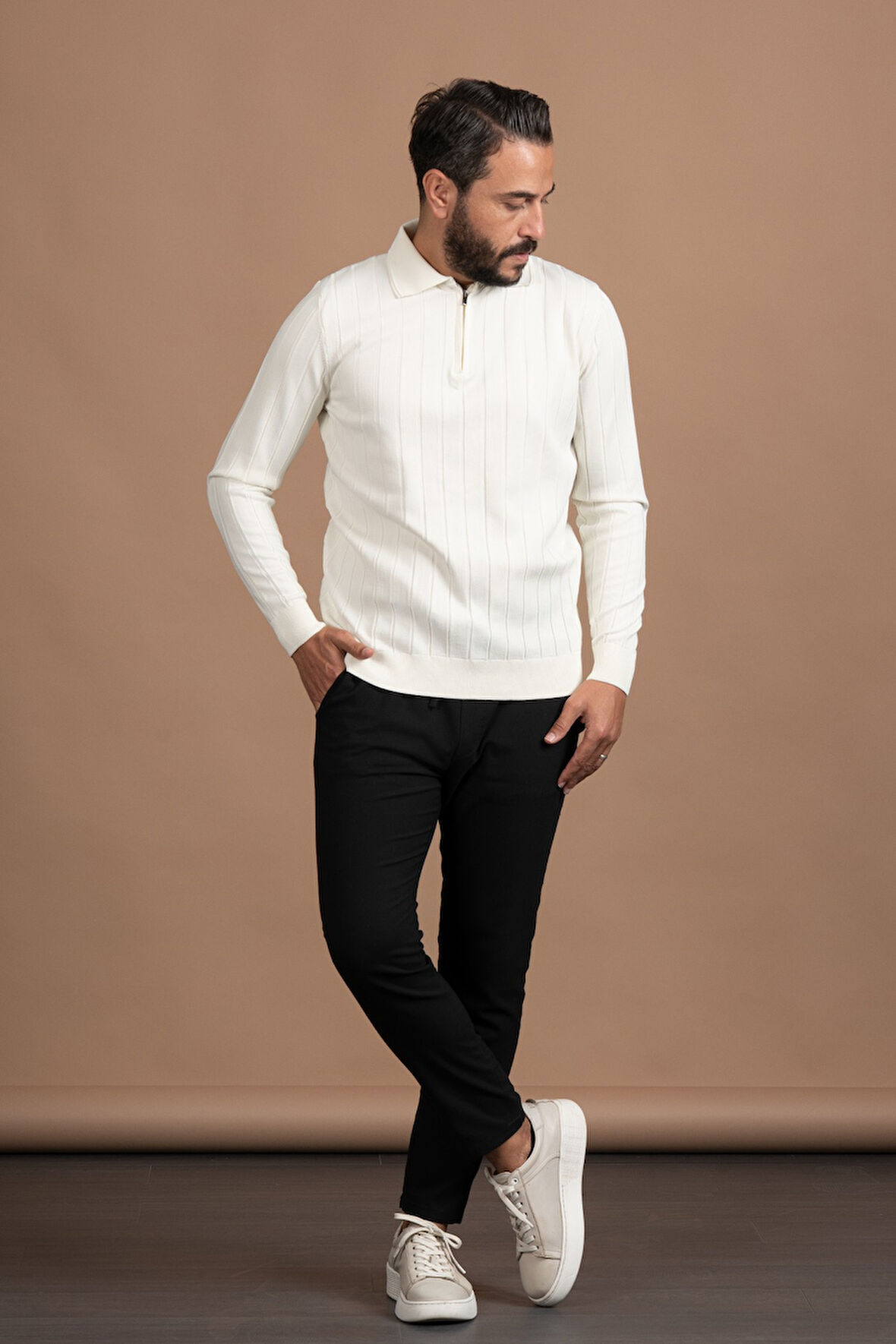 Fermuarlı Polo Yaka Polyamid Kumaş Kendinden Çizgili Likralı Triko Kazak