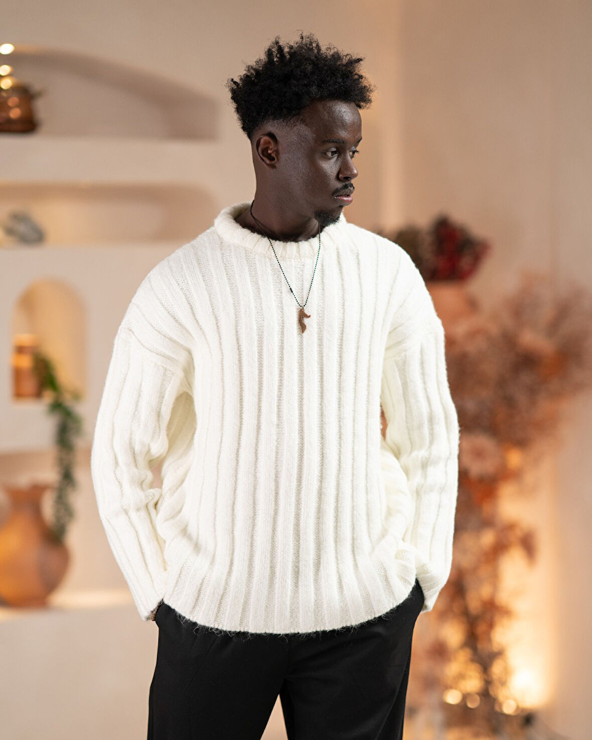 Oversize Kendinden Çizgili Pamuklu Kalın Triko Spor Kazak