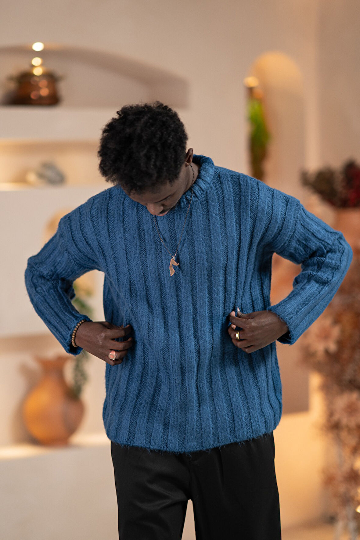 Oversize Kendinden Çizgili Pamuklu Kalın Triko Spor Kazak