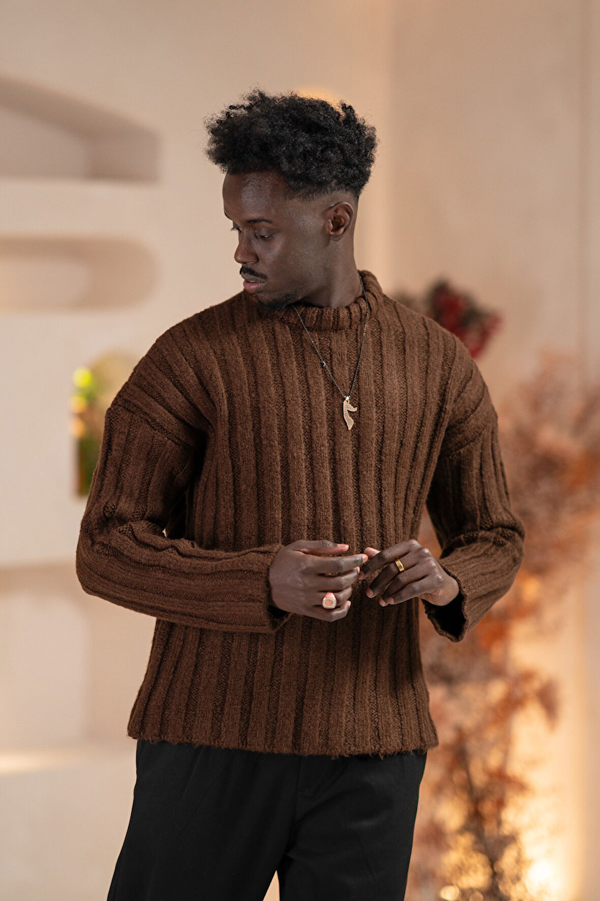 Oversize Kendinden Çizgili Pamuklu Kalın Triko Spor Kazak