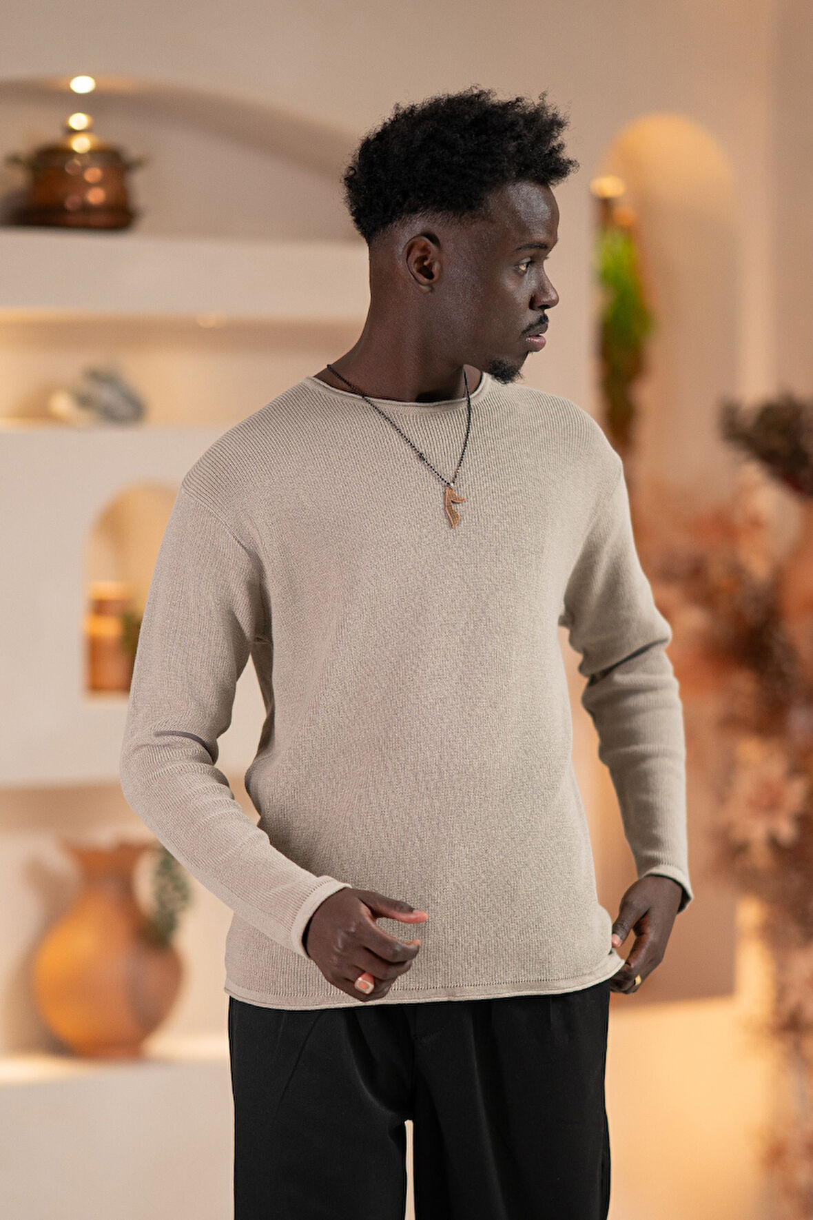 Regular Fit Likralı Kendinden Çizgili Mevsimlik Spor Kazak