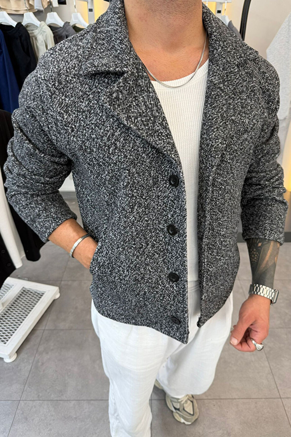 Slimfit Yakalı Düğme Kapamalı Astarsız Yan Cep Kaşe Ceket