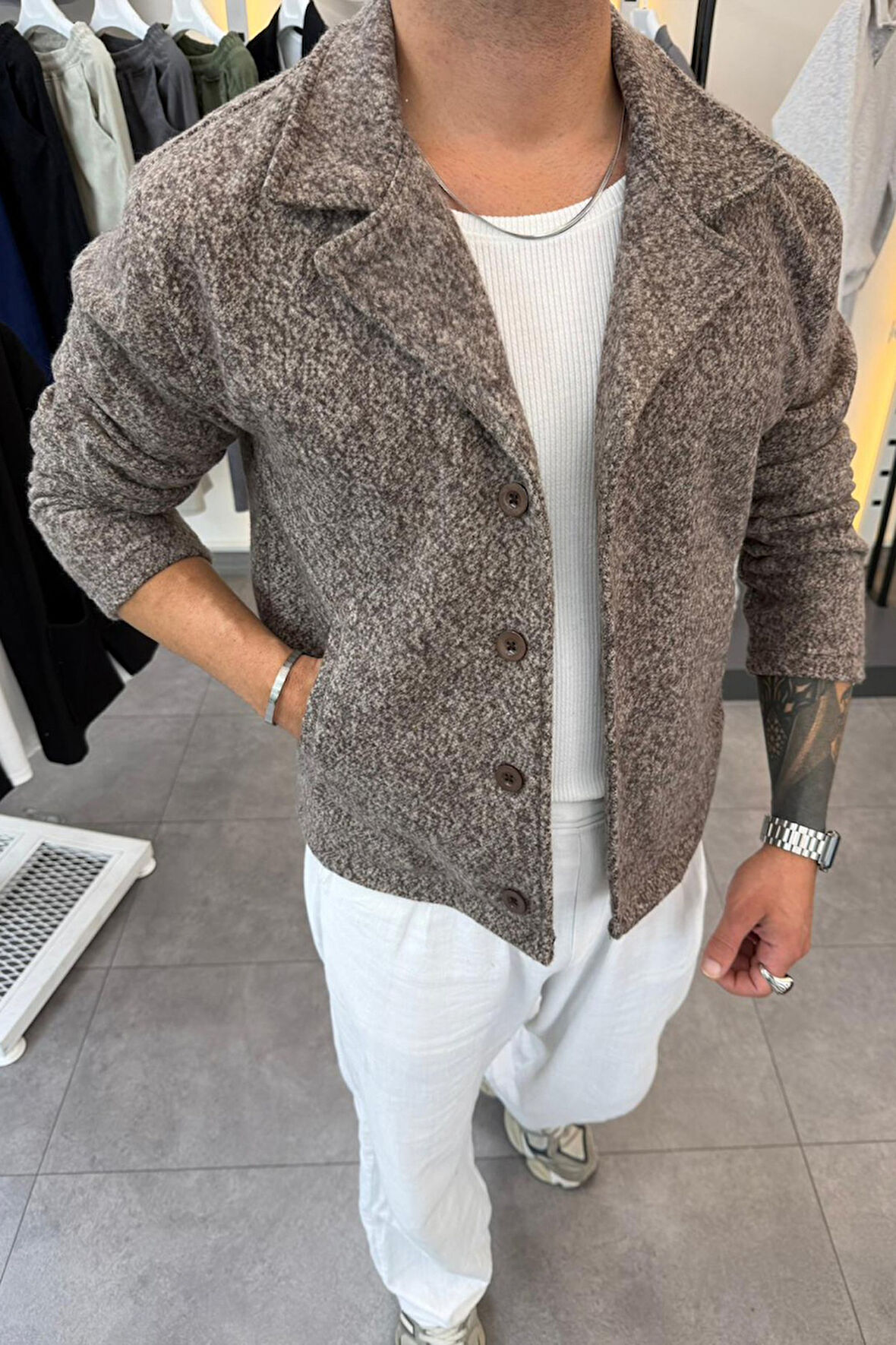 Slimfit Yakalı Düğme Kapamalı Astarsız Yan Cep Kaşe Ceket