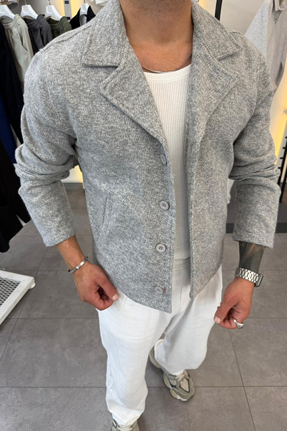 Slimfit Yakalı Düğme Kapamalı Astarsız Yan Cep Kaşe Ceket