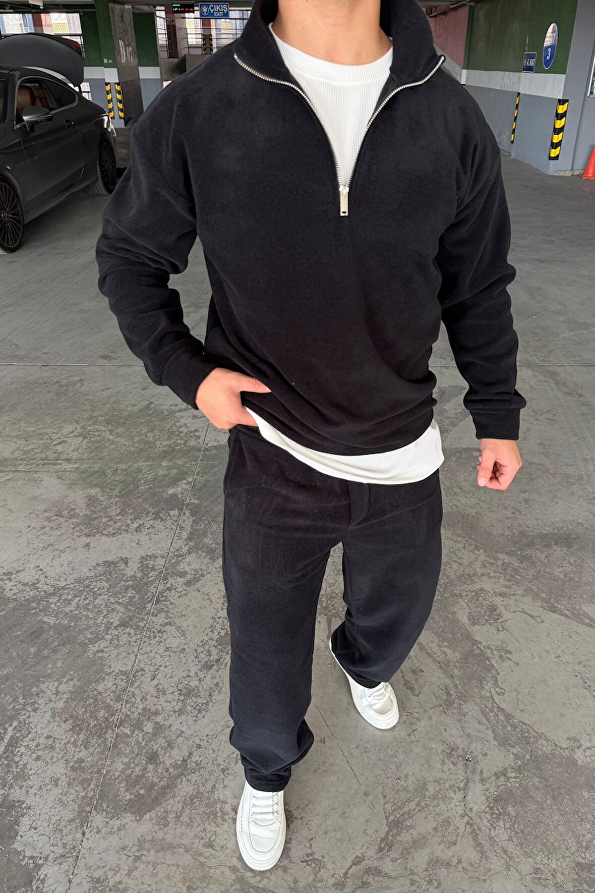 Oversize Fermuarlı Dik Yaka Baggy Pantolonlu Polar Takım