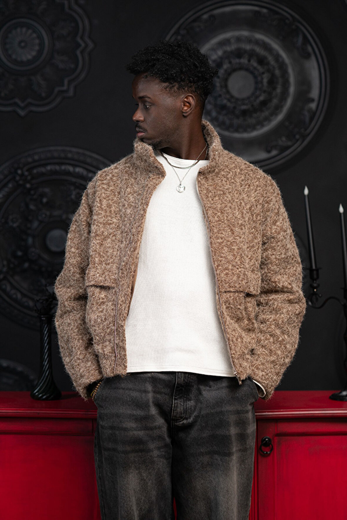 Oversize Crop Model Yan Cepli Astarlı Kırçıllı Mont