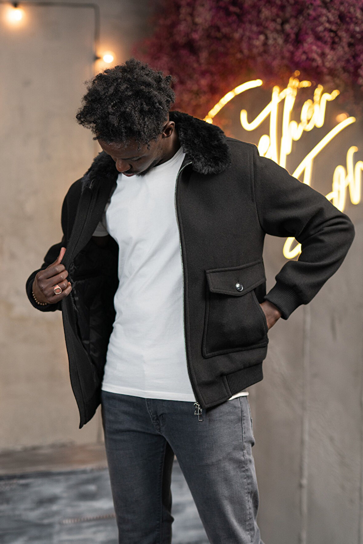 Slimfit Kürklü Sabit Yaka Beli Lastikli Astarlı Kaşe Mont