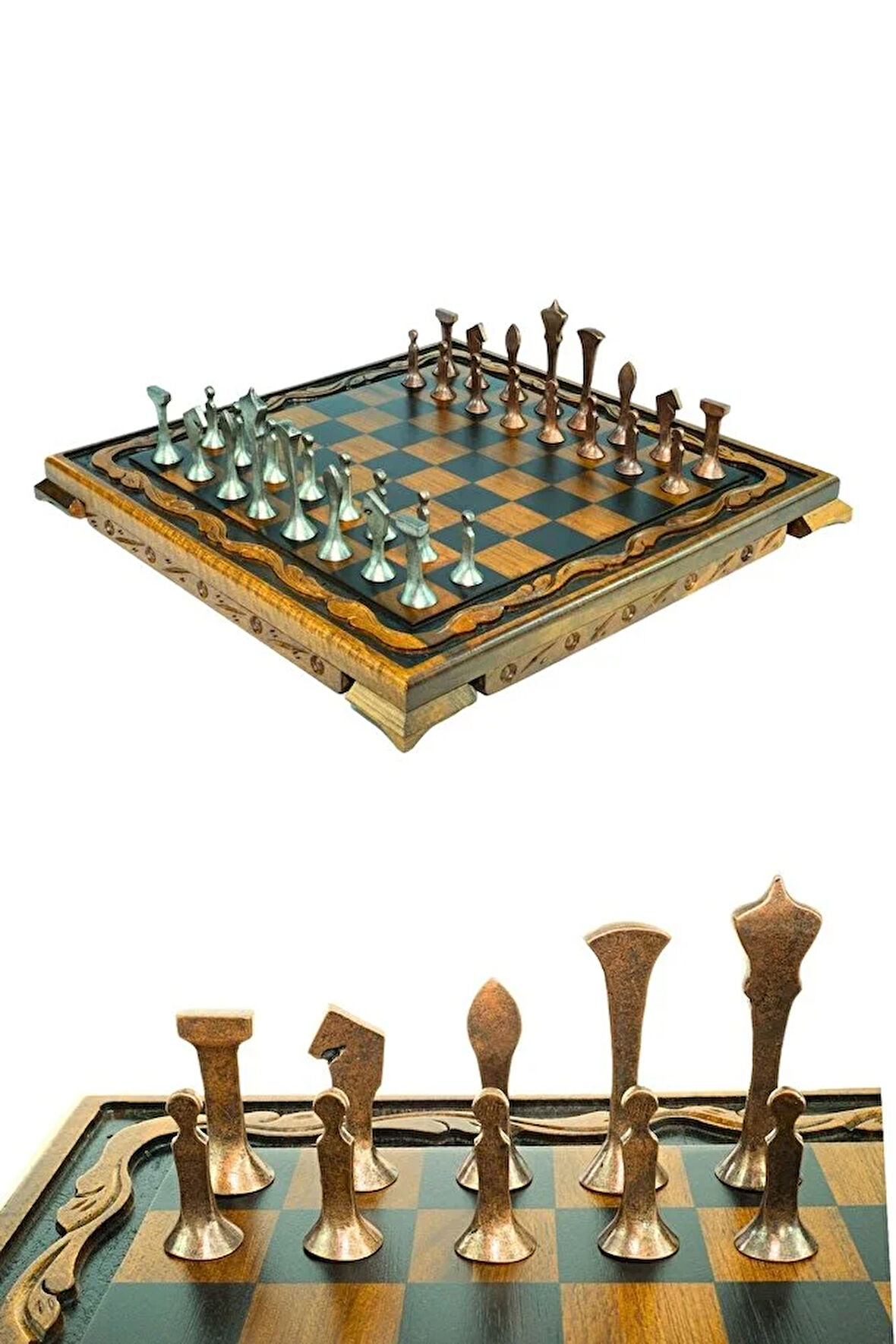 MC44 Büyük Boy Metal Satranç Takımı – Gerçek Ceviz Tahta – El Yapımı Antik Taşlar 35x35cm