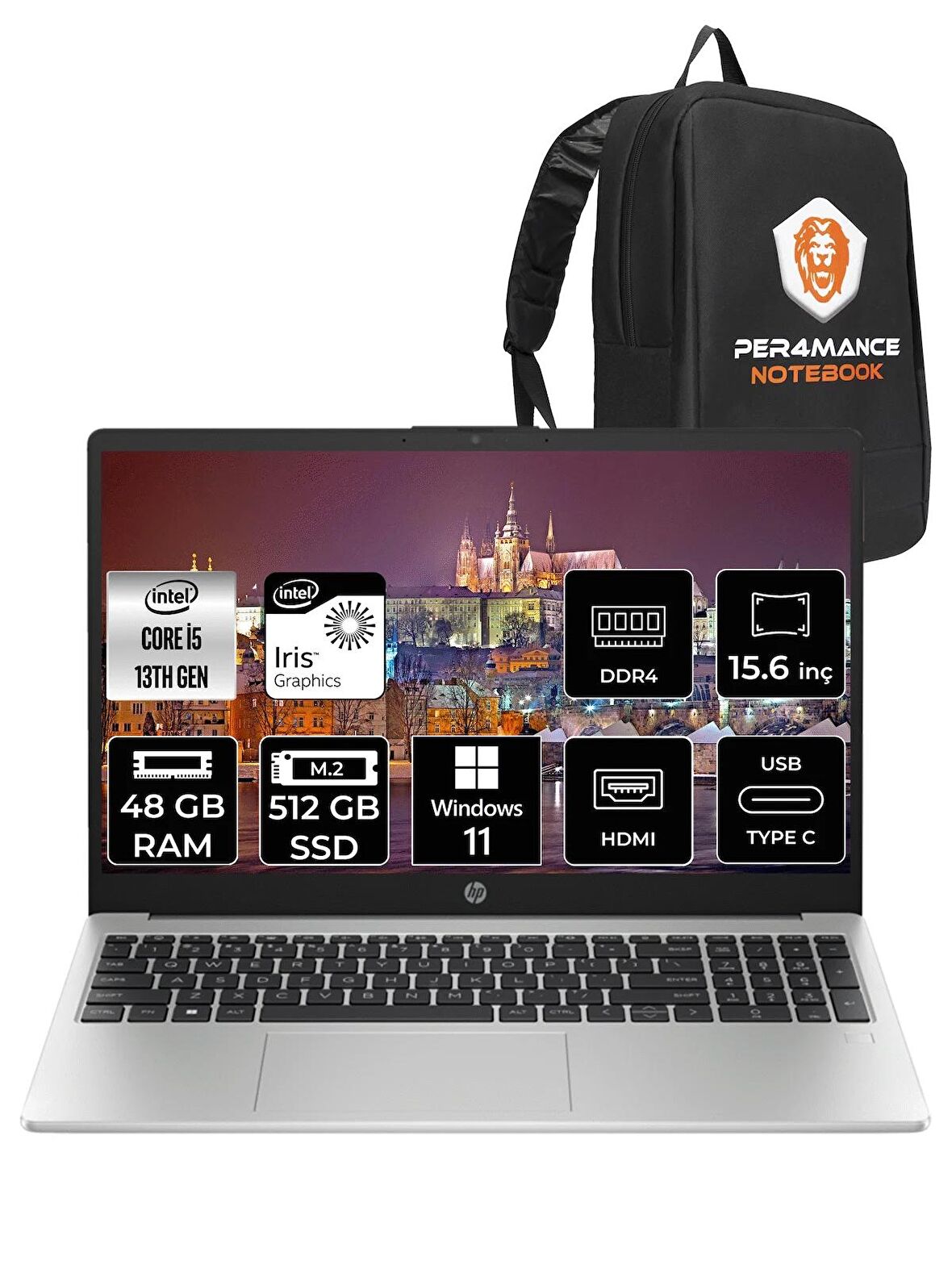 HP 250 G10 Intel Core i5 1335U 48GB RAM 512GB SSD 15.6'' FHD W11HOME 8A538EA & PER4 ÇANTA 