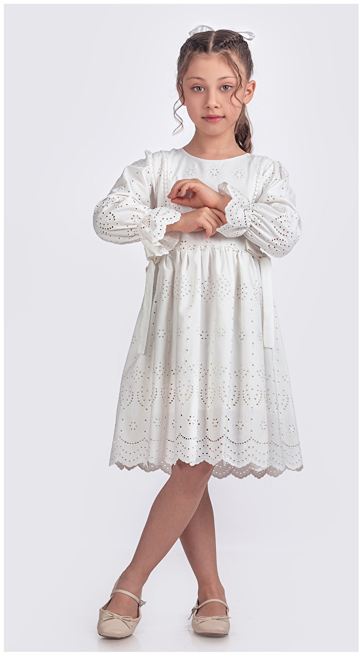 Kız Çocuk Uzun Kollu Kolları Lastikli Beli İkili Kurdele Sutaşı Detaylı  Elbise ELB.Y2685