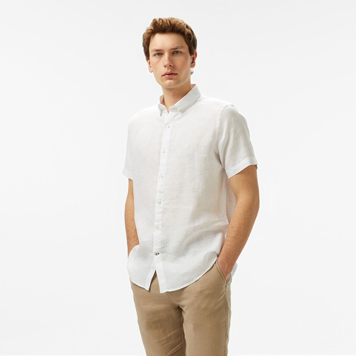 Nautica Erkek Beyaz Classic Fit Keten Gömlek