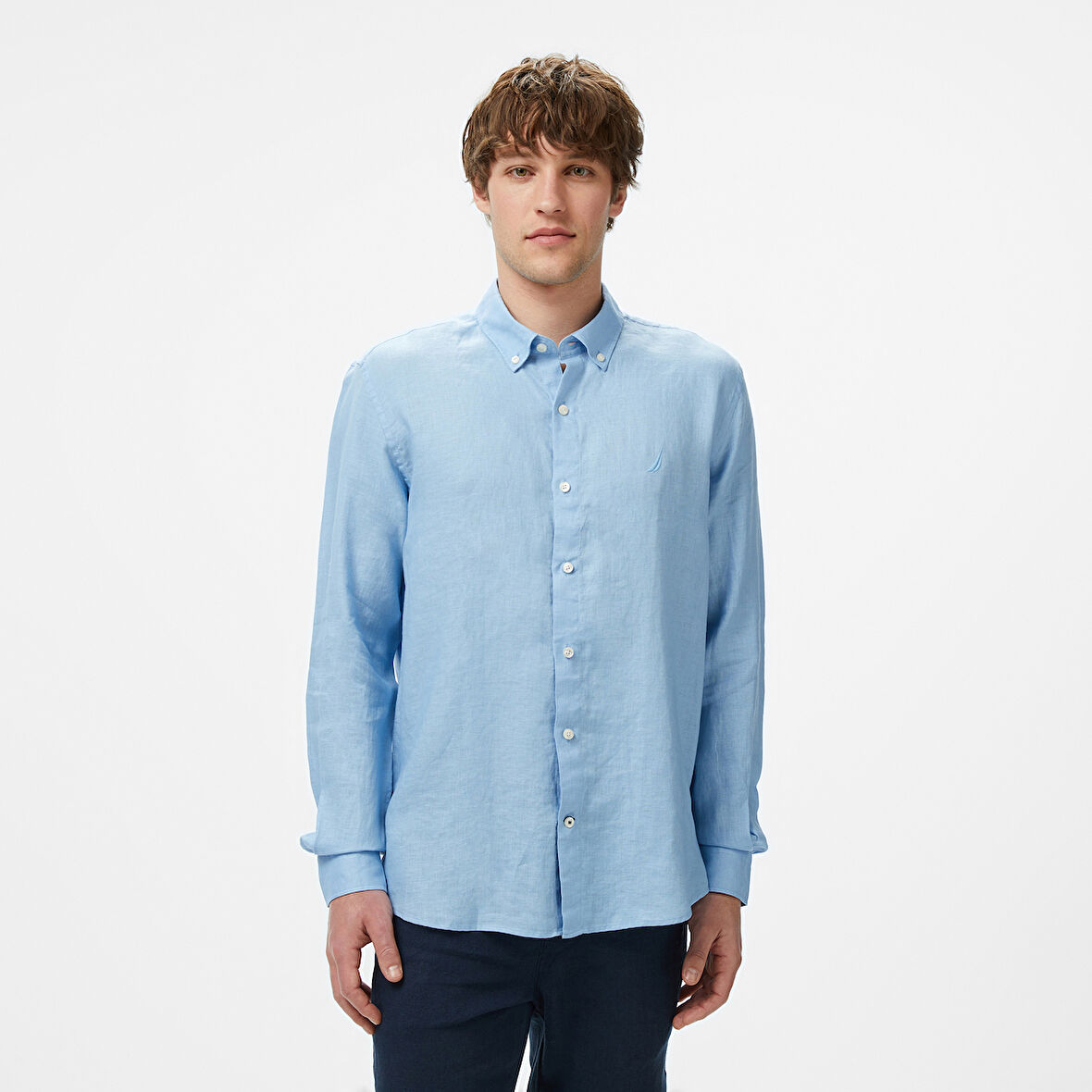 Nautica Erkek Mavi Classic Fit Keten Gömlek