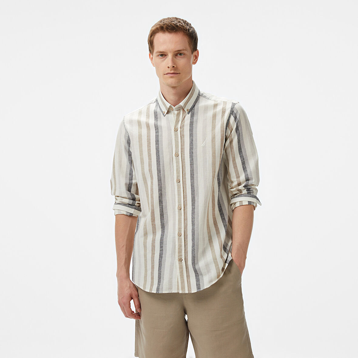 Nautica Erkek Kahverengi Classic Fit Çizgili Gömlek