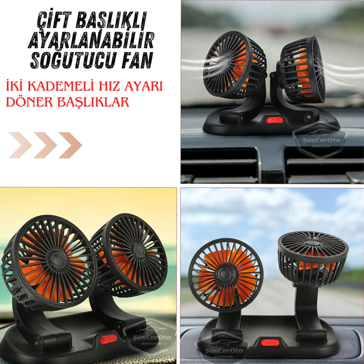 Üniversal Oto Ofis Araç İçi Torpido Üstü Vantilatör Çift Başlıklı Çakmaklık Girişli 2 Kademeli Soğutucu Fan 360° Dönebilen Ultra Sessiz Oynar Başlıklı Araç Fanı 12V