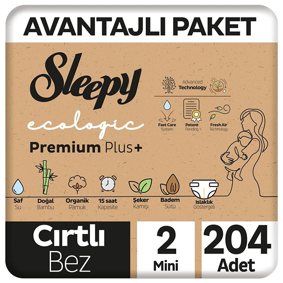 Sleepy Ecologic Premium Plus Avantajlı Paket Bebek Bezi 2 Numara Mini 204 Adet
