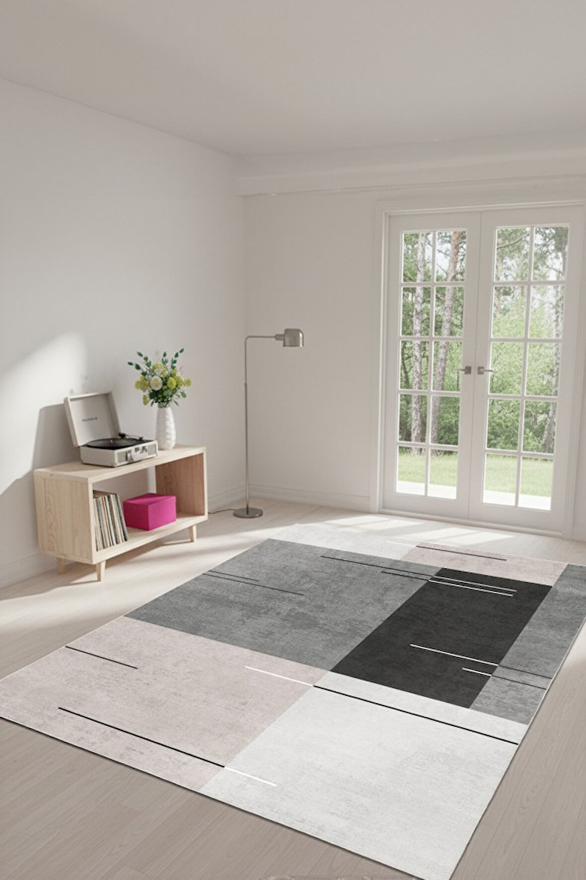 Çizgilerle Düşün, Karelerle Hisset Katmanlı Gri Desenli Kaymaz Taban Halı