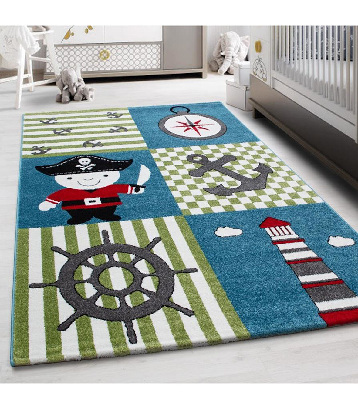Sevimli Korsan desenli Soft Çocuk Halısı Mavi Yeşil