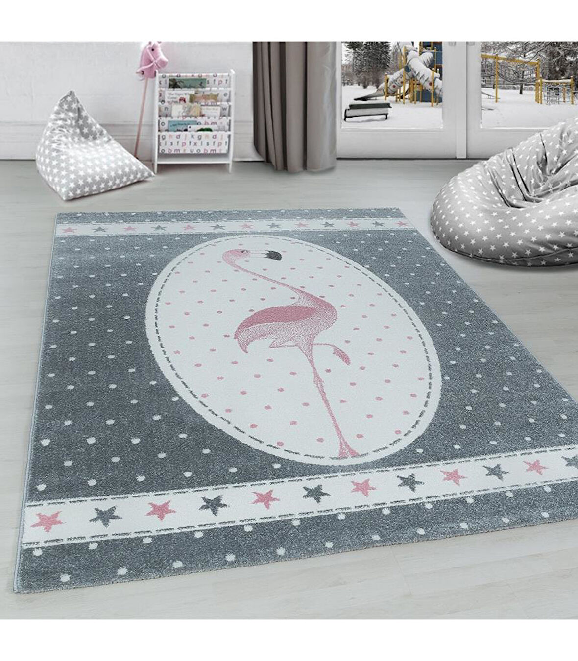 Flamingo Yıldız desenli Çocuk odası halısı Pembe Gri Beyaz Renkli Halı