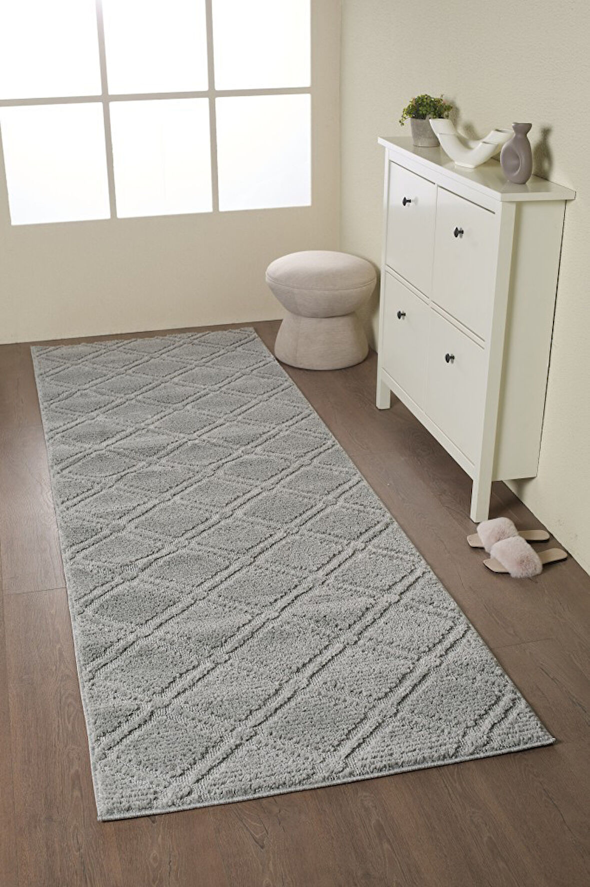 Yumuşak Peluş Tüylü İskandinav desenli Kabarık Bukleli Gri Renkli Halı