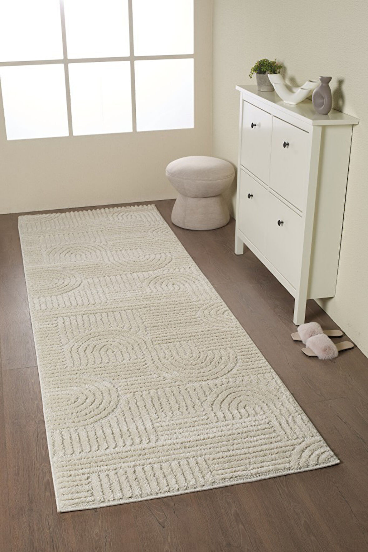 Yumuşak Peluş Tüylü İskandinav desenli Kabarık Bukleli Krem Renkli Halı