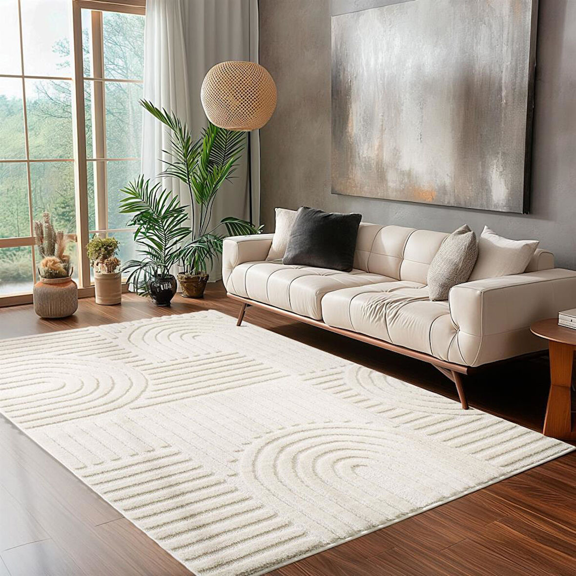 Yumuşak Peluş Tüylü İskandinav desenli Kabarık Bukleli Krem Renkli Halı