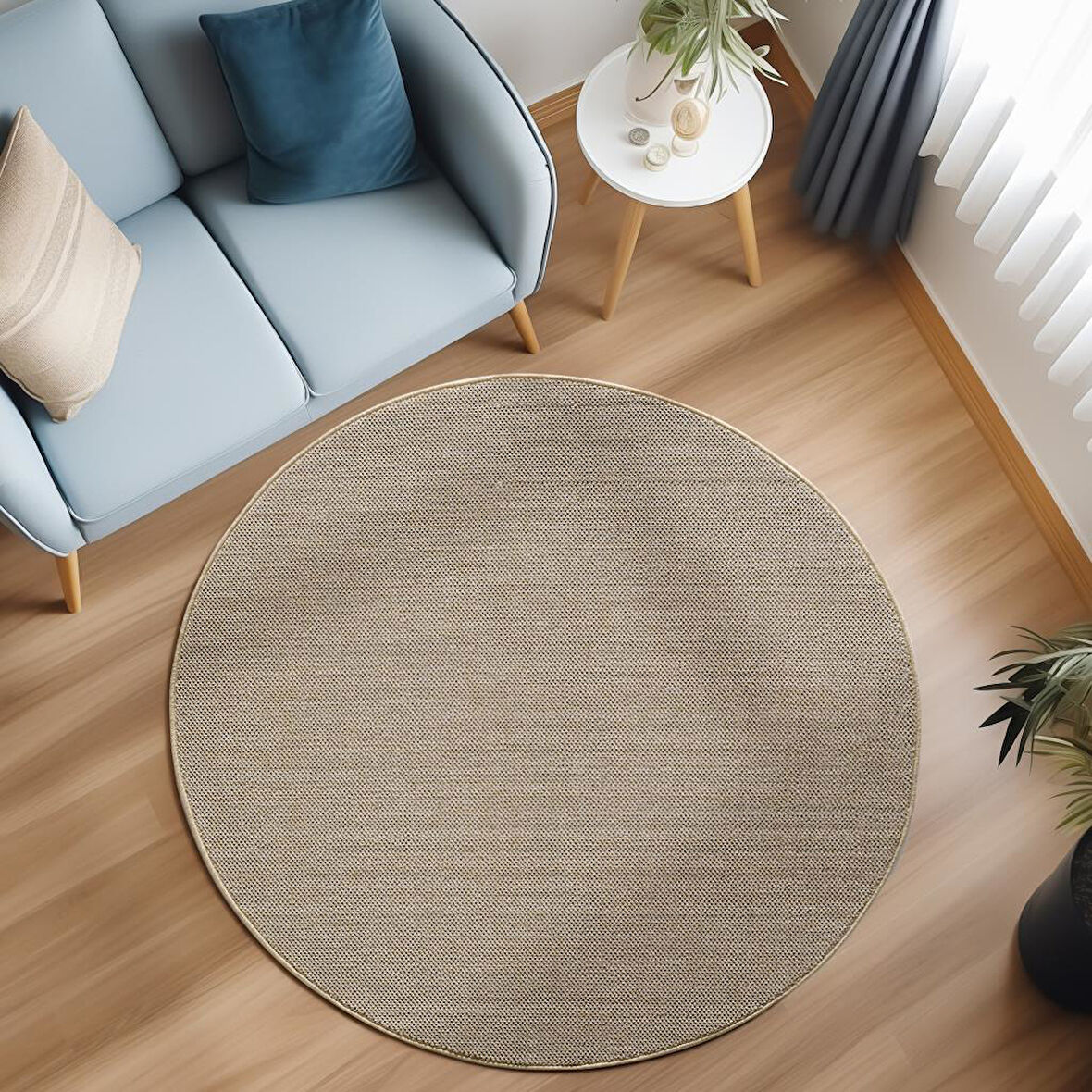 Yumuşak Bukleli Sisal Jüt Salon Oturma Odası Bej Renkli Yuvarlak Halı