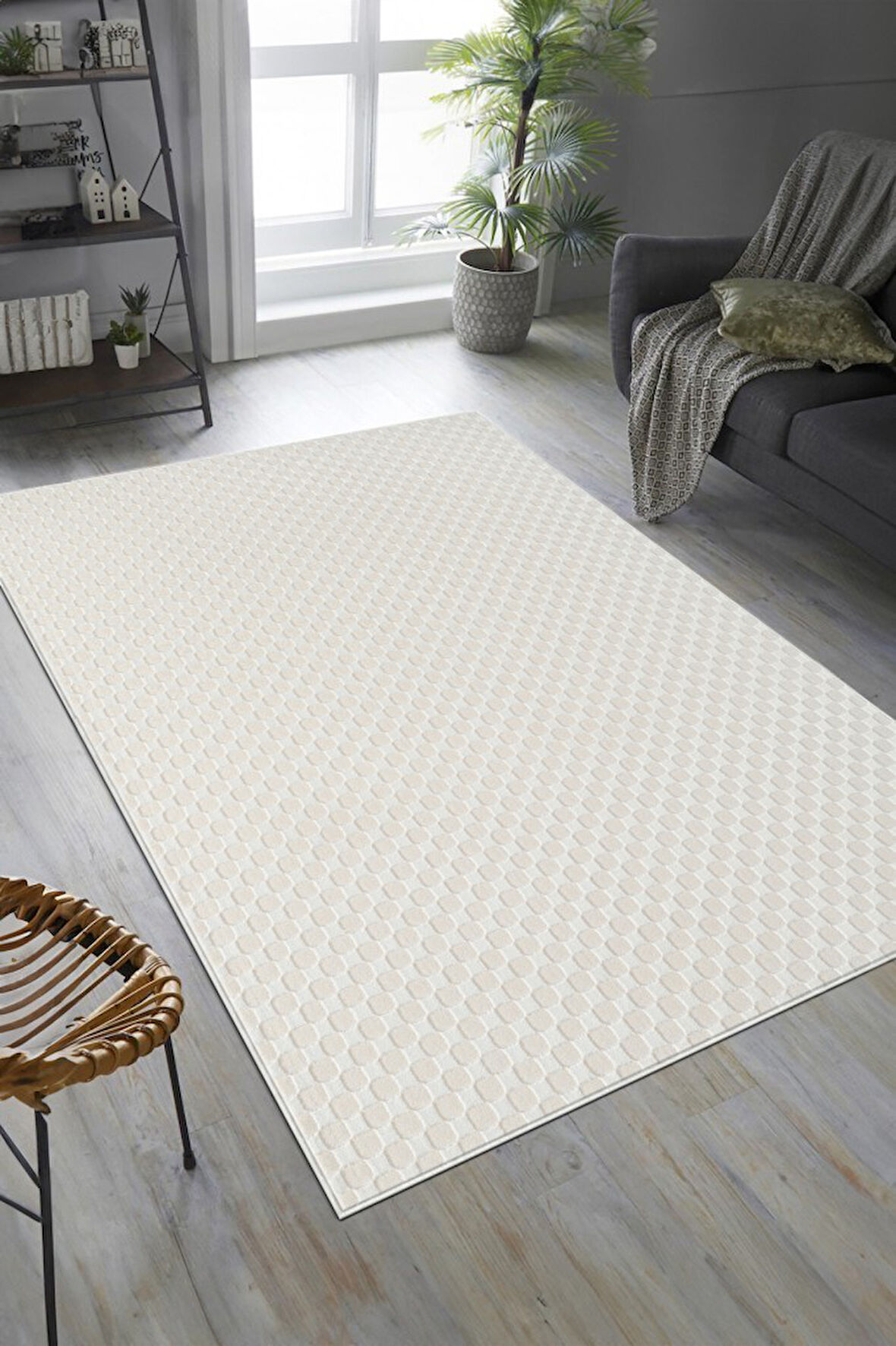 Pamuk Tabanlı Modern Dama Tasarımlı  Sisal Yaprak Krem Renk Halı